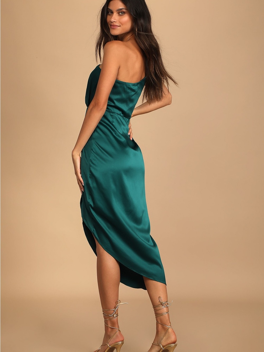 NWOT LuLus Law of Attraction Emerald One-Shoulder Asymmetrical Midi Dress Sz M - Picture 3 of 4